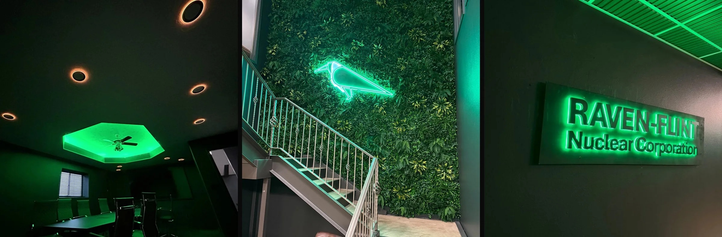 Three square photographs: the conference room under a green hexagonal ceiling light, a neon green raven on a living wall beside a staircase, and the backlit Raven-Flint Nuclear Corporation lobby sign