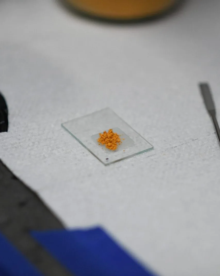 Labeled jar of yellowcake beside a glass slide holding a small pile of orange uranium oxide powder and a spatula