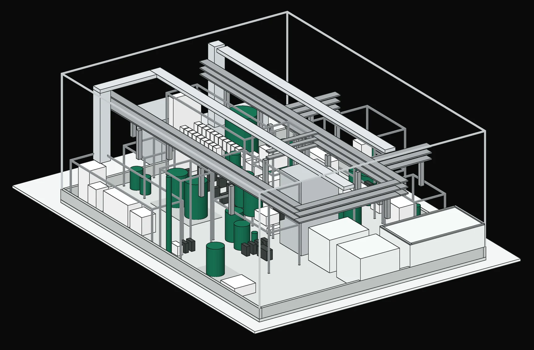 Cut-away drawing of one Torch process building with stacked equipment modules, pipe racks and vessels inside a ghosted envelope