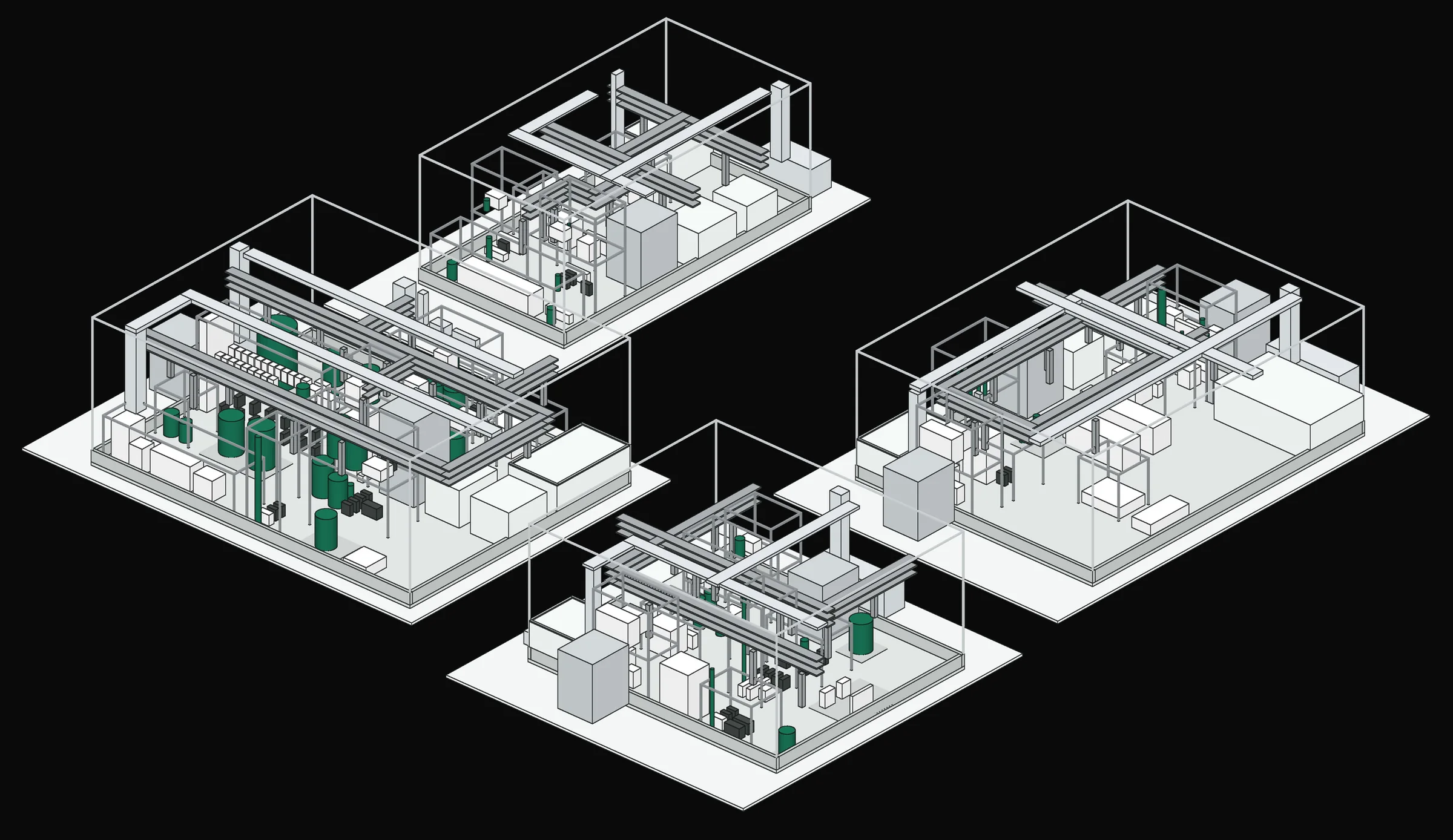Cut-away drawing of Torch's four process buildings side by side, equipment unlabeled