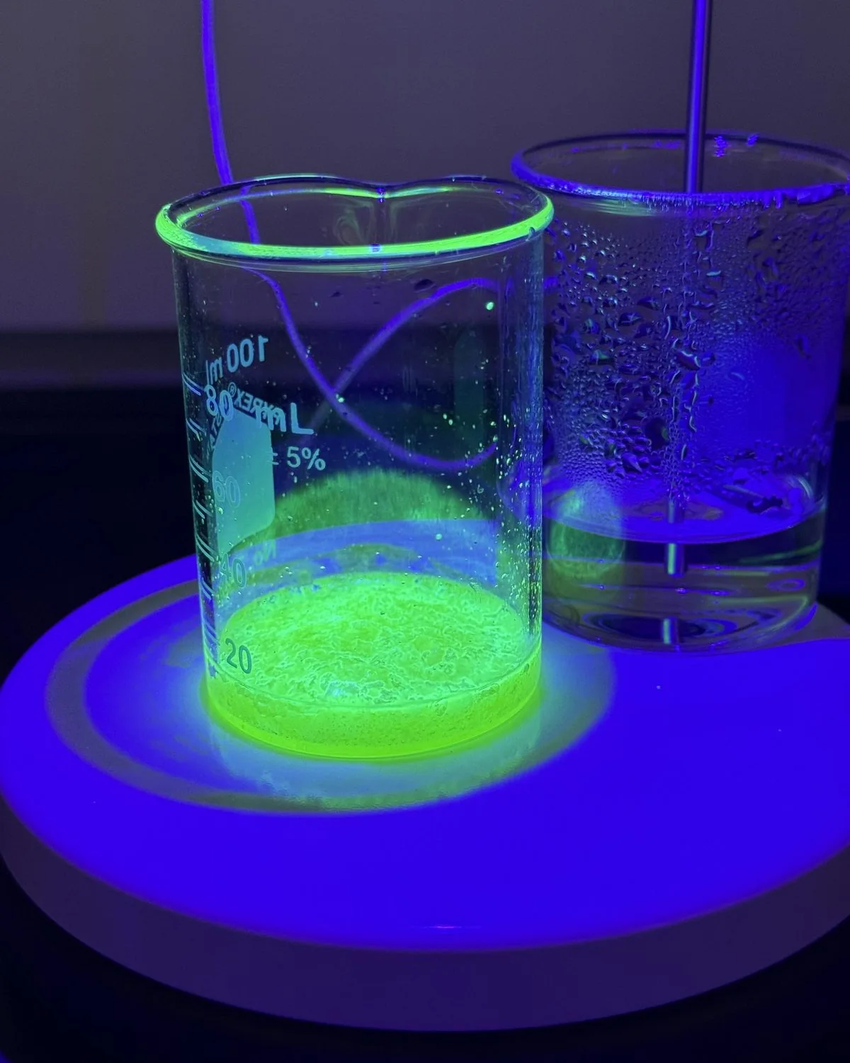 Beaker of uranium solution glowing bright green under ultraviolet light on a laboratory stir plate